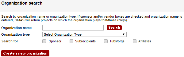 Organization look-up screen