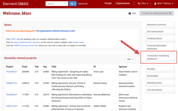 GMAS homepage, transaction monitoring dashboard link