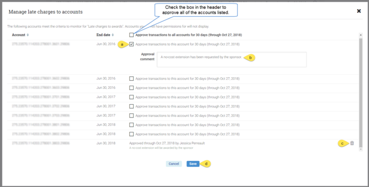 Transaction monitoring screen Approving late charges to accounts