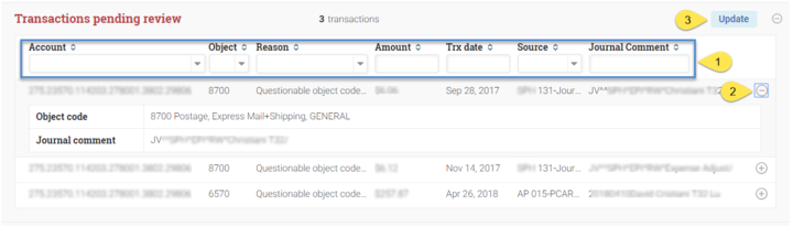 Transaction monitoring screen reviewing transactions