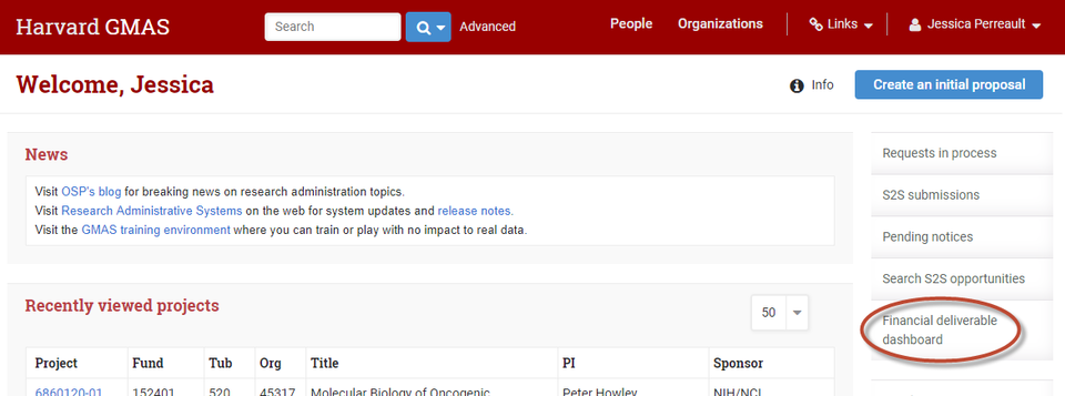 SCR_0270 GMAS Homepage Financial Deliverable Dashboard Link